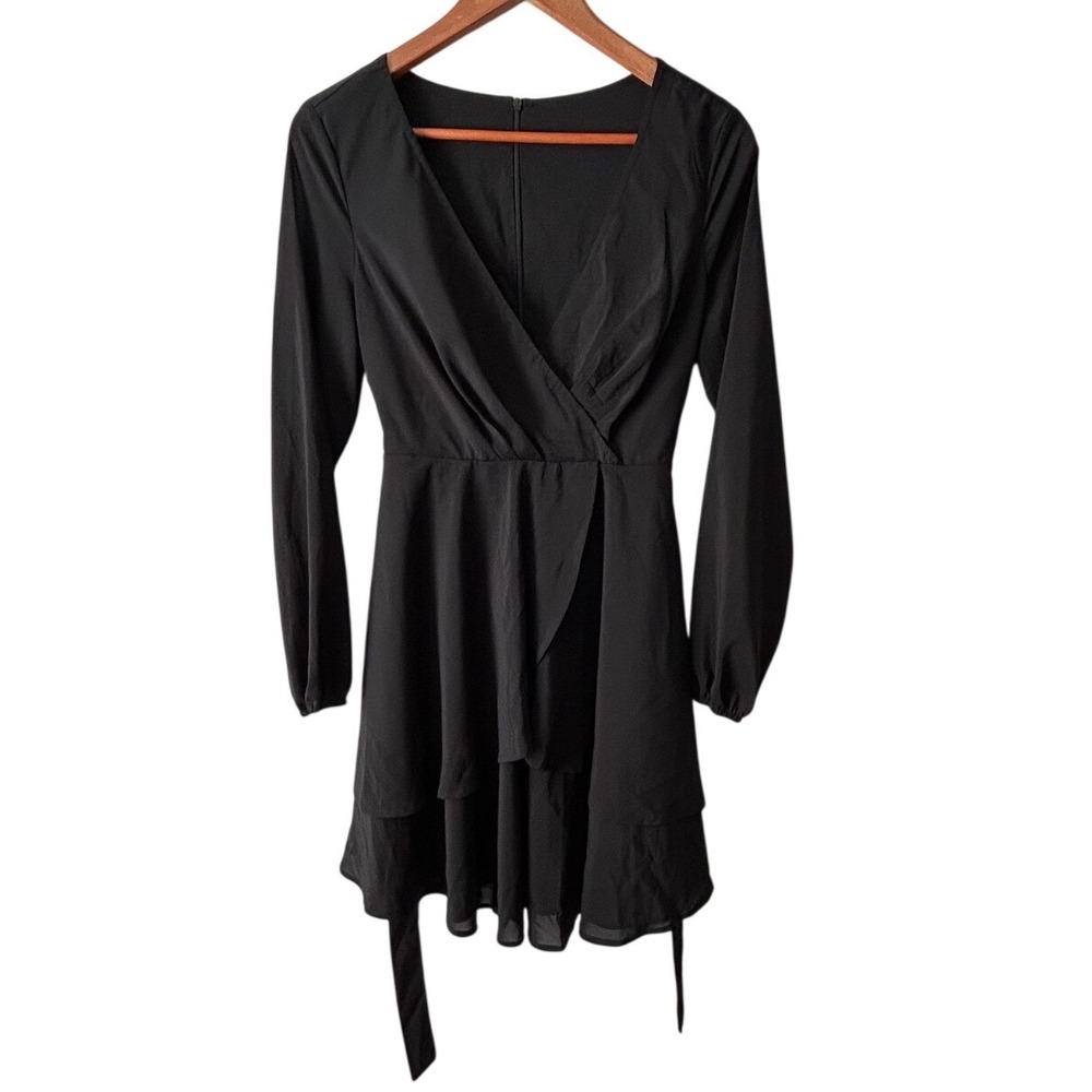 Kohl's Black Long Sleeve Dress V-Neck Belted Sheer Sleeves Womens Size Small NWT